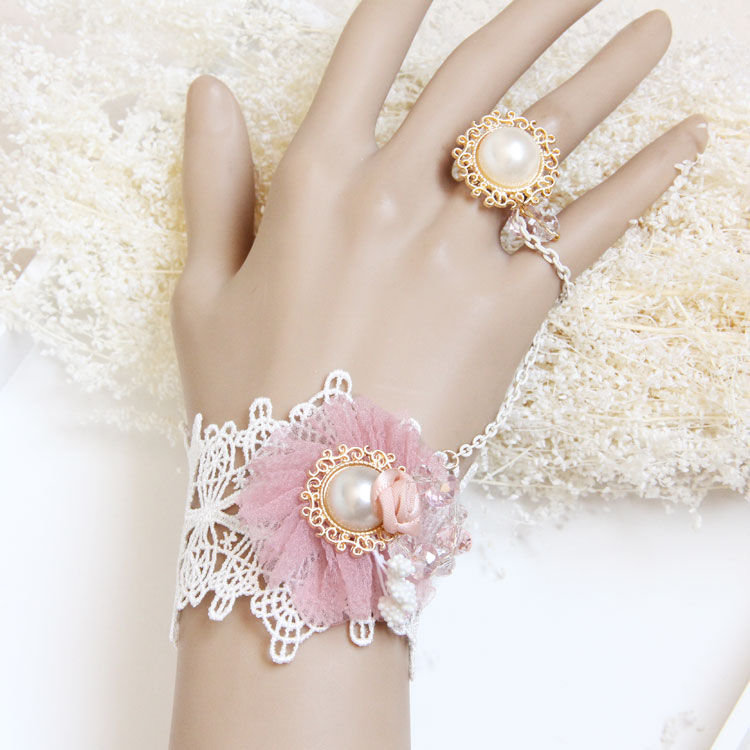 Gothic Lolita Pearl White Lace Ring Bracelet Set Ac0025