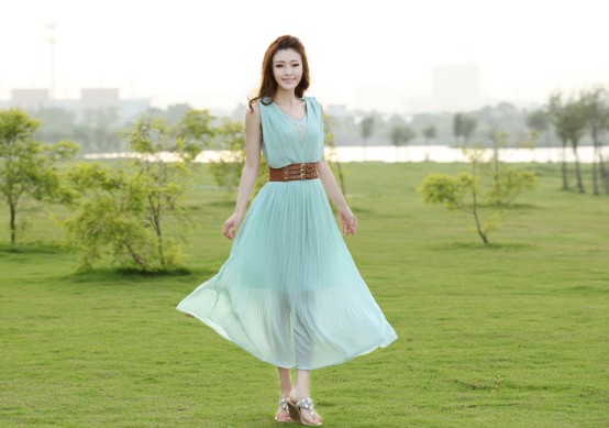 Womens' Applique Detail Butterfly Sleeves Chiffon Belted Dress
